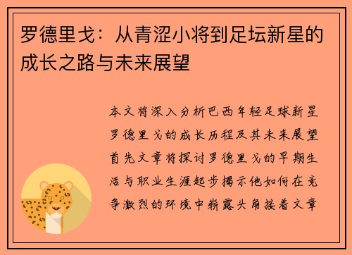 罗德里戈：从青涩小将到足坛新星的成长之路与未来展望